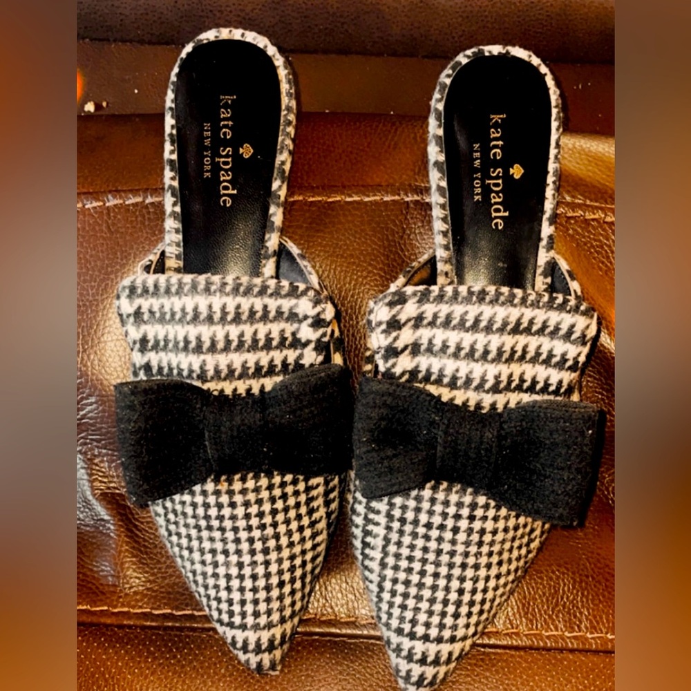 🎀Kate Spade New York Women's Karin Mule Black White Houndstooth Bow Slide🎀